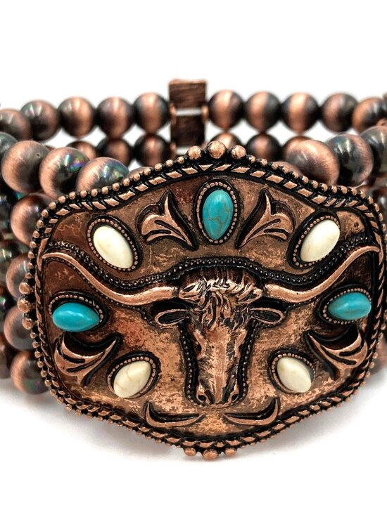 Jewelry - NWT Longhorn Western Trophy Buckle Turquoise White Bead Stretch Bracelet Copper